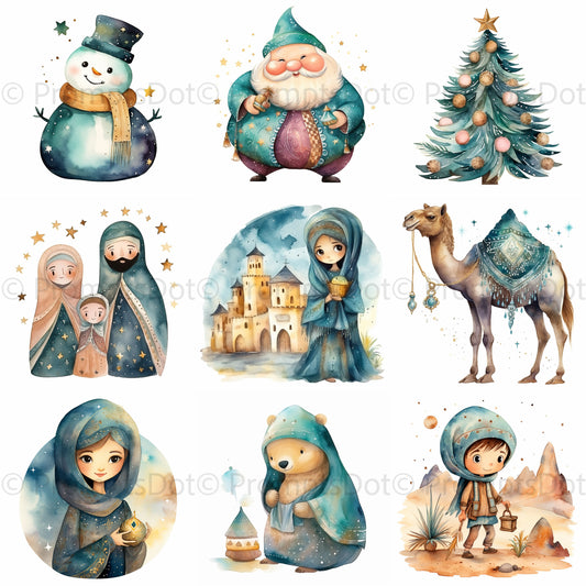 Arab Arabian Nights Christmas Watercolor Digital Art and Midjourney Prompt Commercial Use