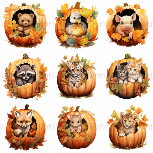 Cute Autumn Animals In Pumpkins Cliparts Midjourney Prompt Commercial Use
