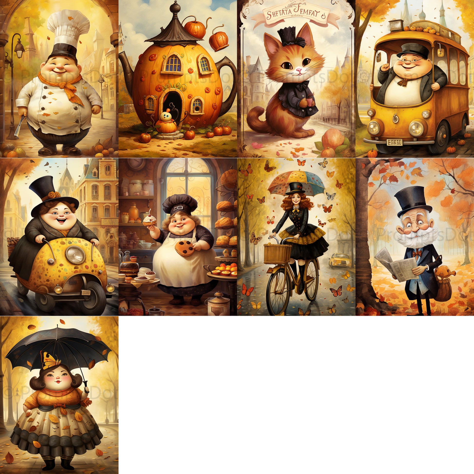 grid of nine Cute Autumn Digital Cards Fall Postcards Posters