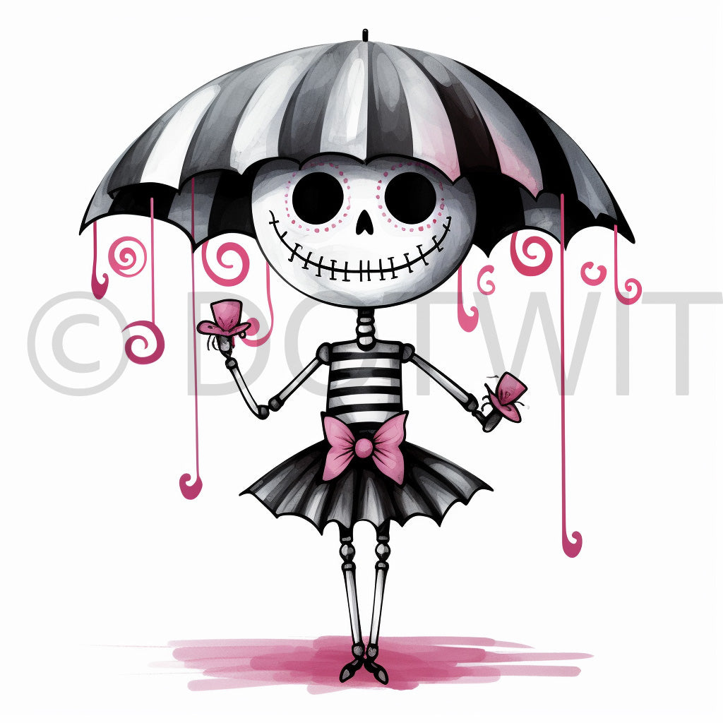 gothic character a skeleton under the umbrella Cute Digital Cartoon Characters Quirky Gothic Midjourney Prompt Commercial Use