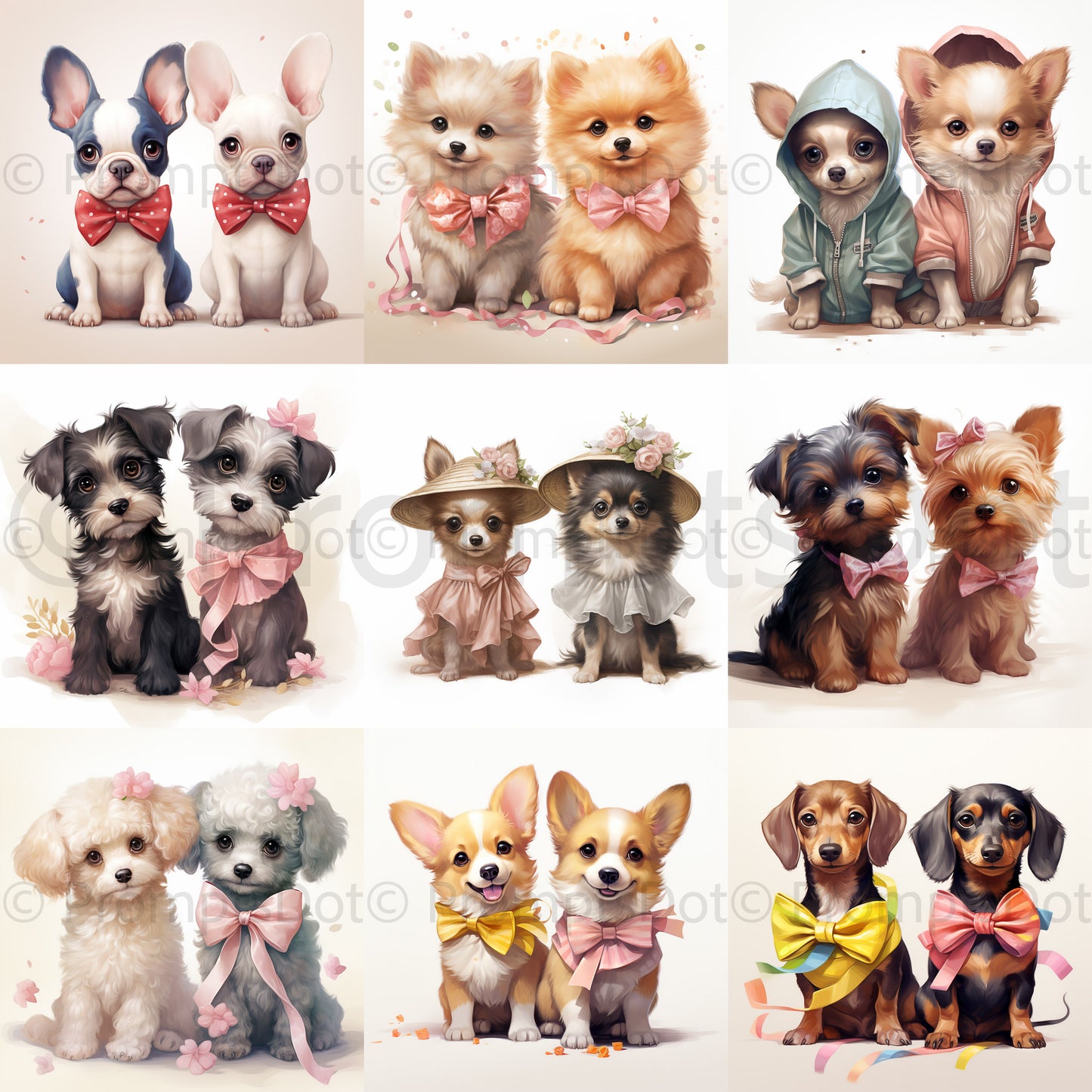 Midjourney Prompts Cute Dog Breeds Illustrations Of Dogs Collection of Nine