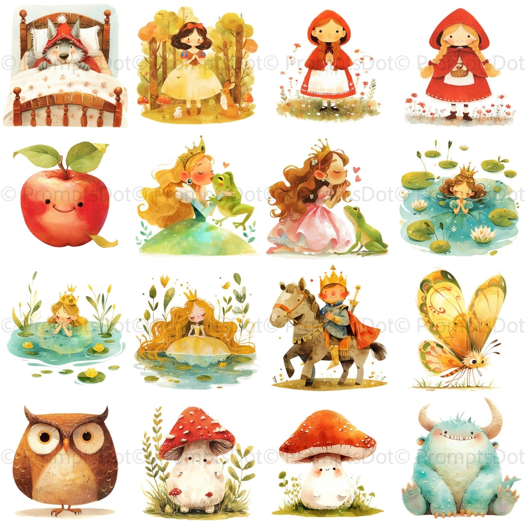 grid 1 Cute Fairytale Clipart PNG Digital Download, Riding Hood Watercolor