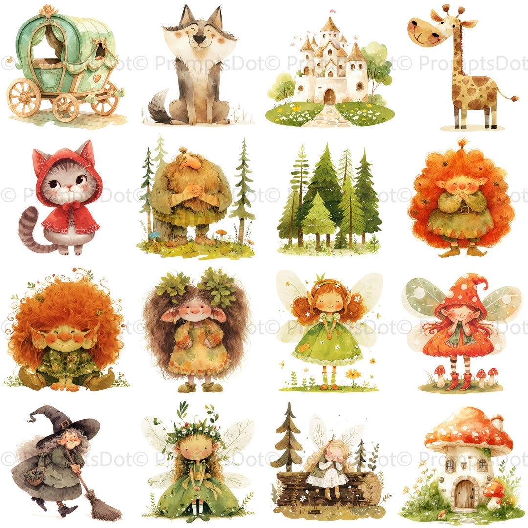 grid 3 Cute Fairytale Clipart PNG Digital Download, Riding Hood Watercolor