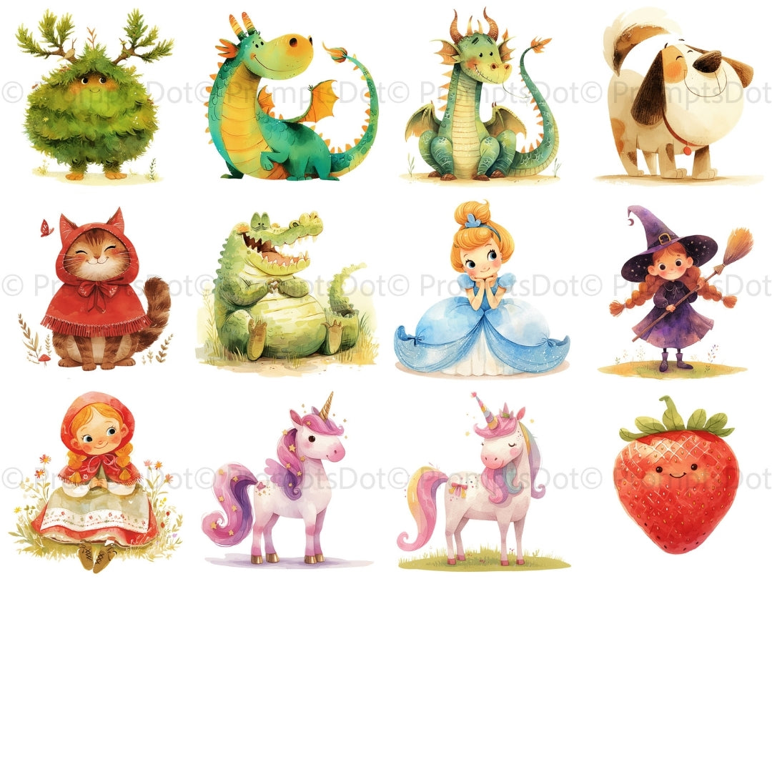 grid 4 Cute Fairytale Clipart PNG Digital Download, Riding Hood Watercolor