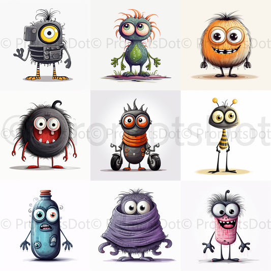Midjourney Prompt Cute Monsters Children Book Illustrations Commercial Use Collection of nine cute monsters objects