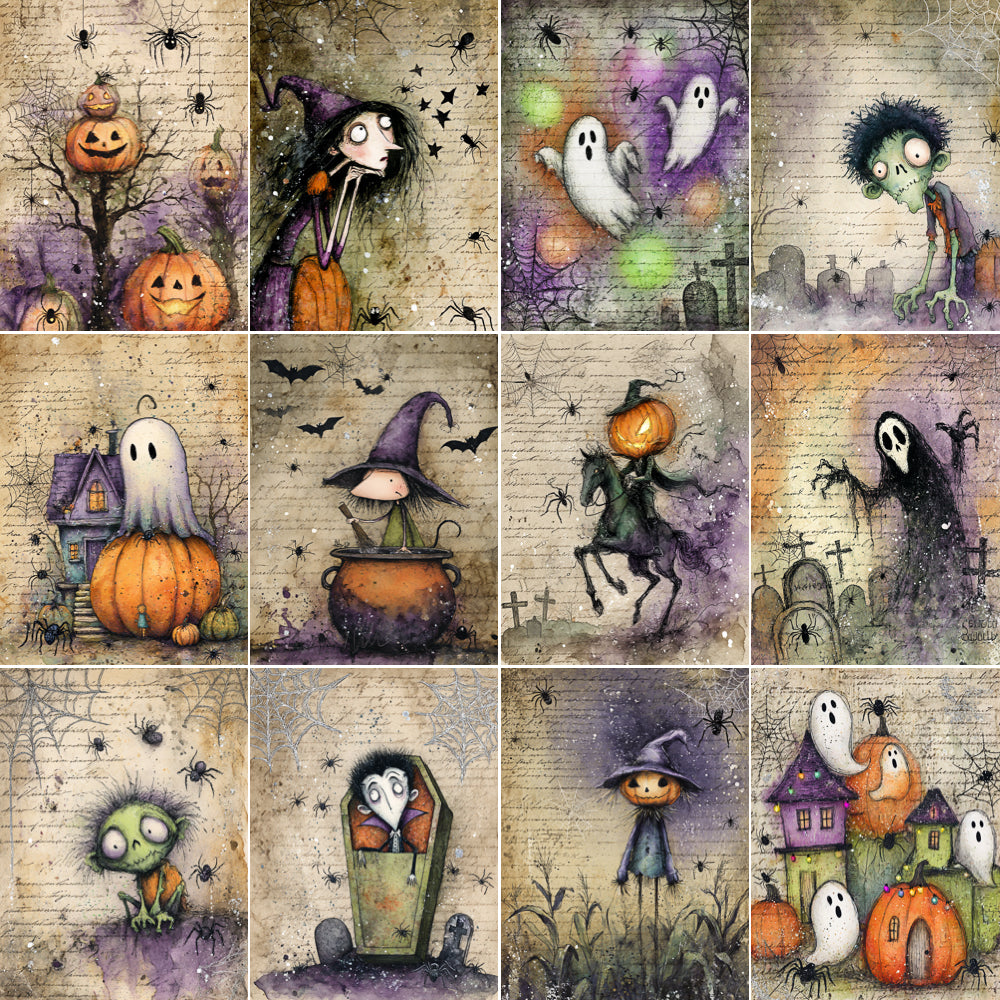 Collage of Halloween-themed illustrations featuring ghosts, pumpkins, witches, and other spooky elements on a textured background.