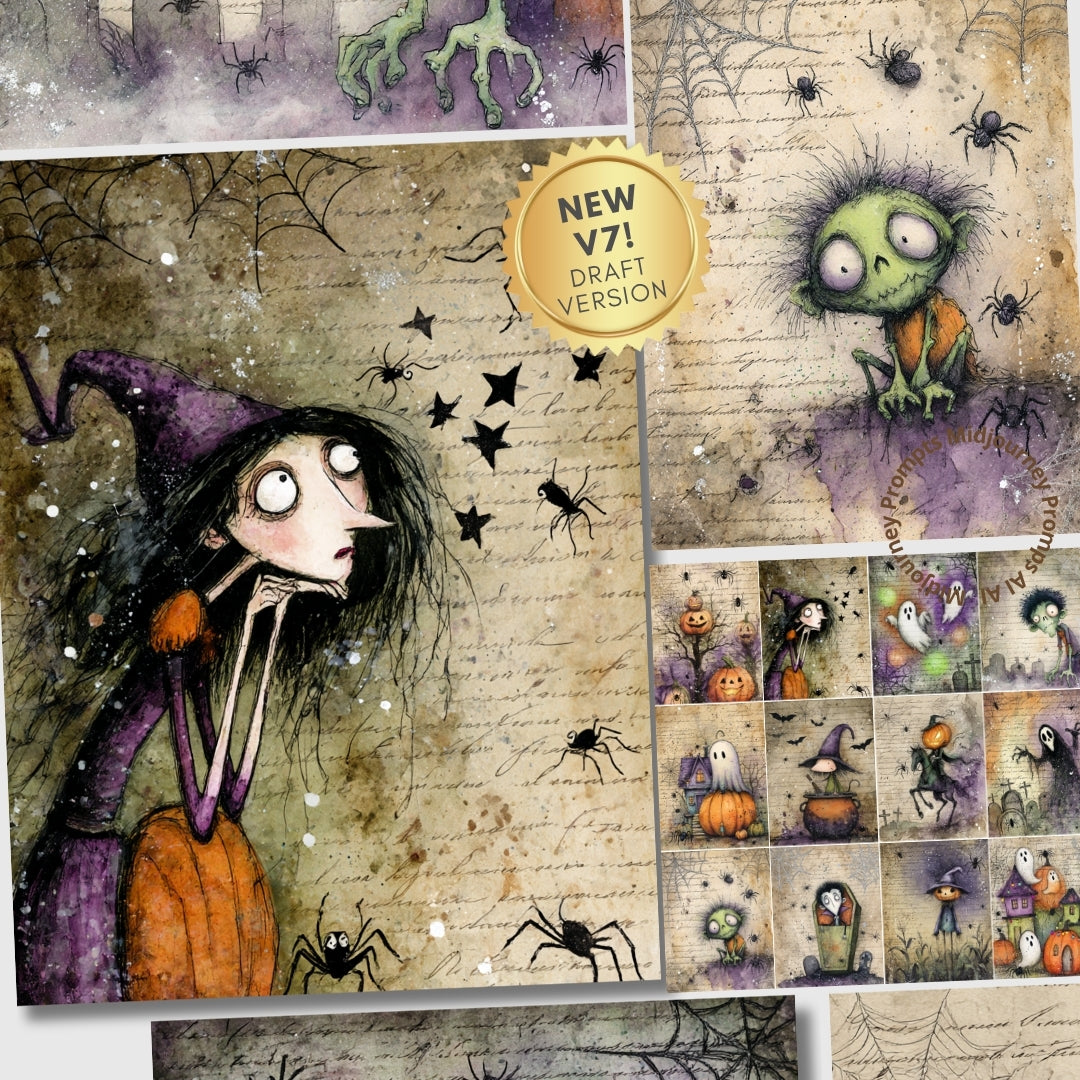 Halloween-themed illustration set with a witch, pumpkins, and spiders on a textured background.