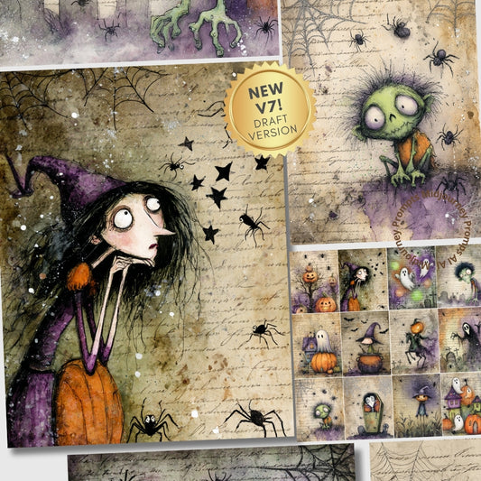 Halloween-themed illustration set with a witch, pumpkins, and spiders on a textured background.