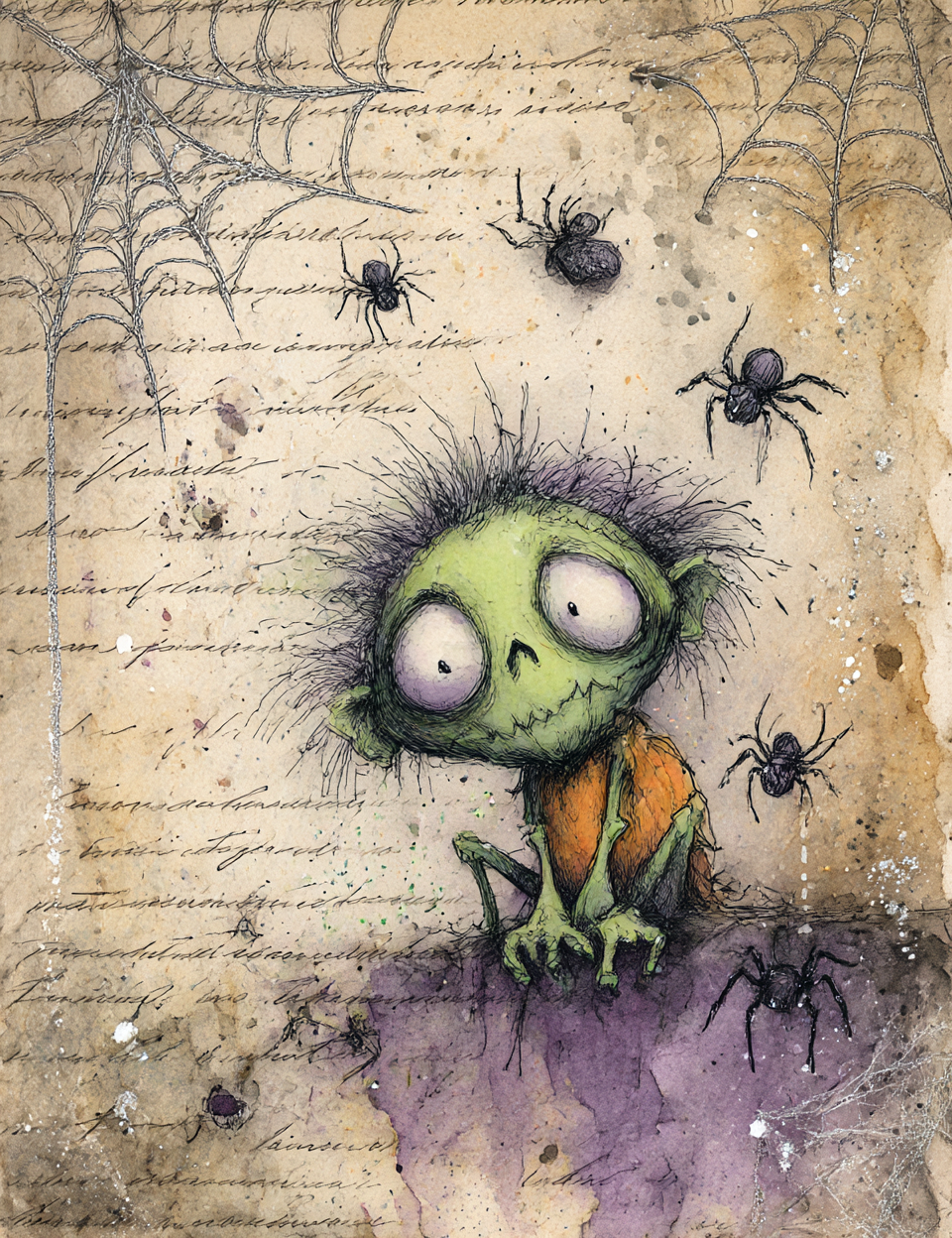 Illustration of a small green creature with large eyes surrounded by spiders on an aged paper background.