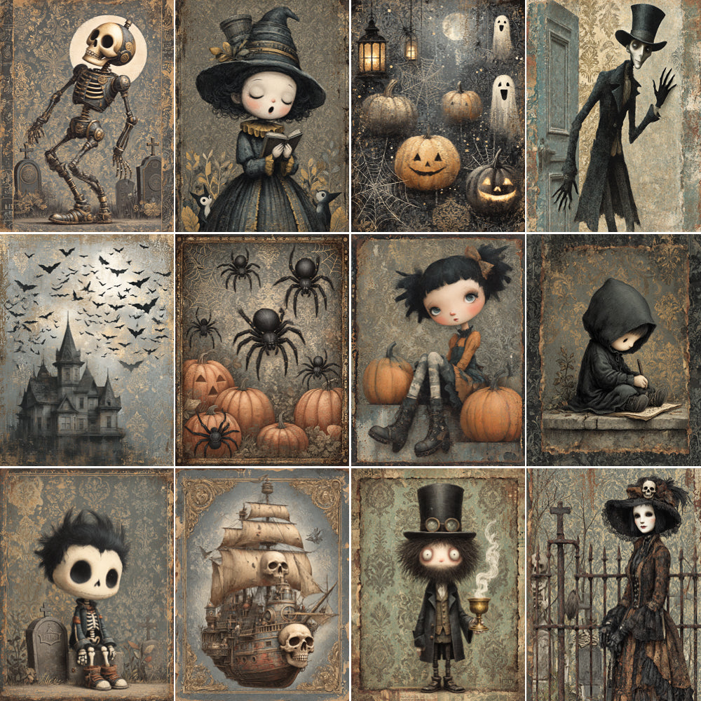 Collage of Halloween-themed illustrations featuring skeletons, witches, ghosts, and pumpkins.