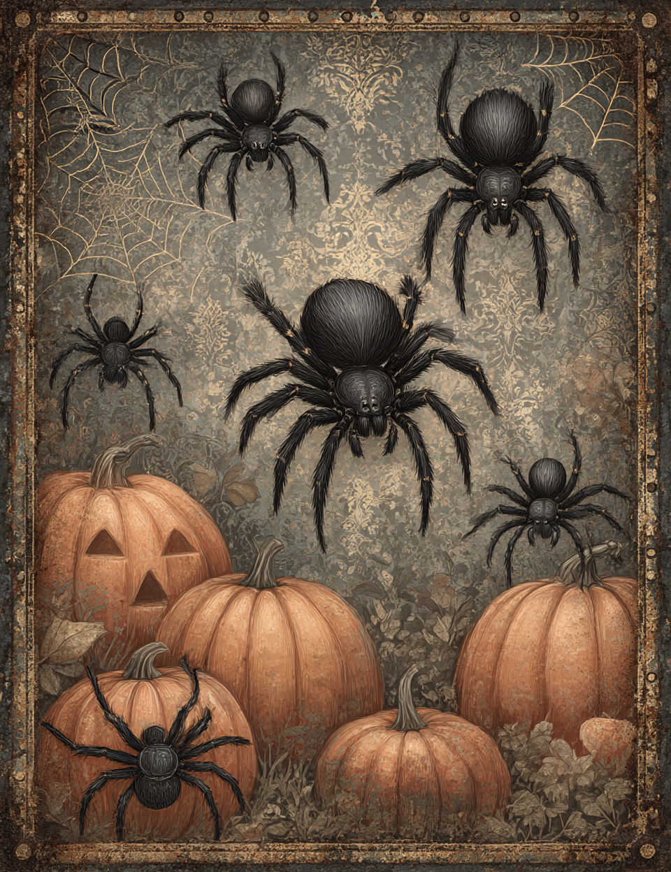 Halloween-themed fabric with pumpkins and spiders on a textured background