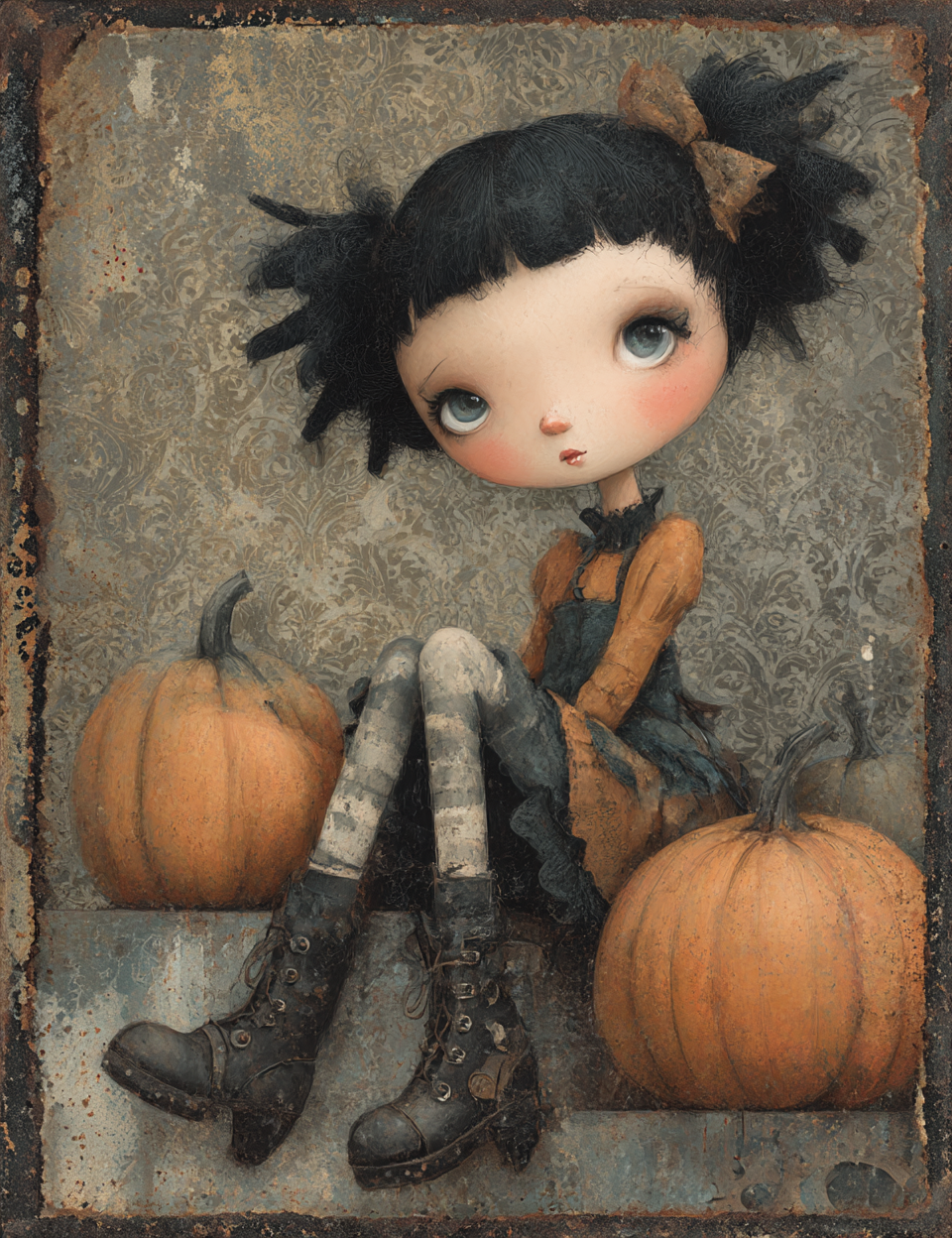 Illustration of a girl with black hair and blue eyes sitting among pumpkins on a textured background