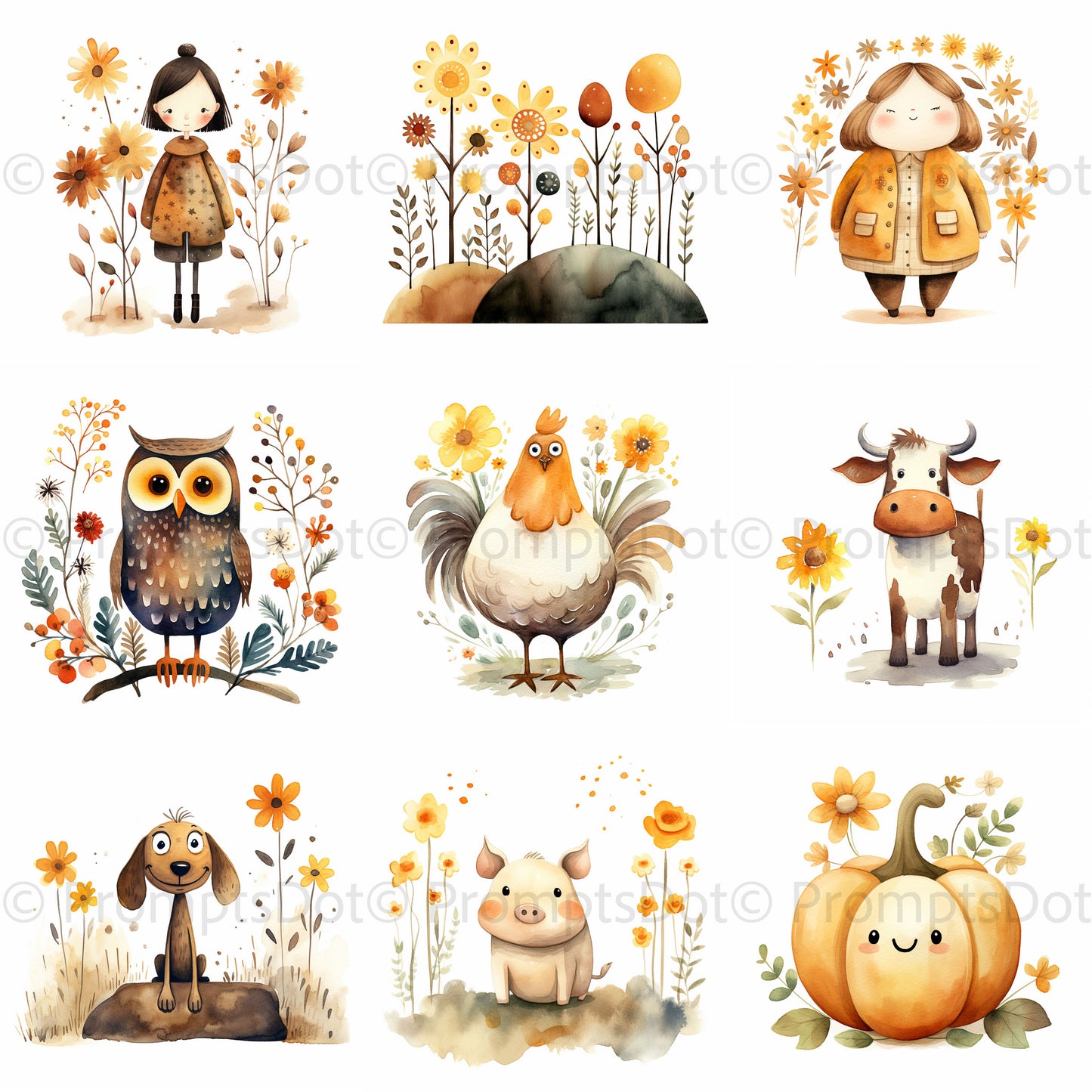 Cute Vintage Autumn Watercolor Nurseries Digital Art and Midjourney Prompt Commercial Use