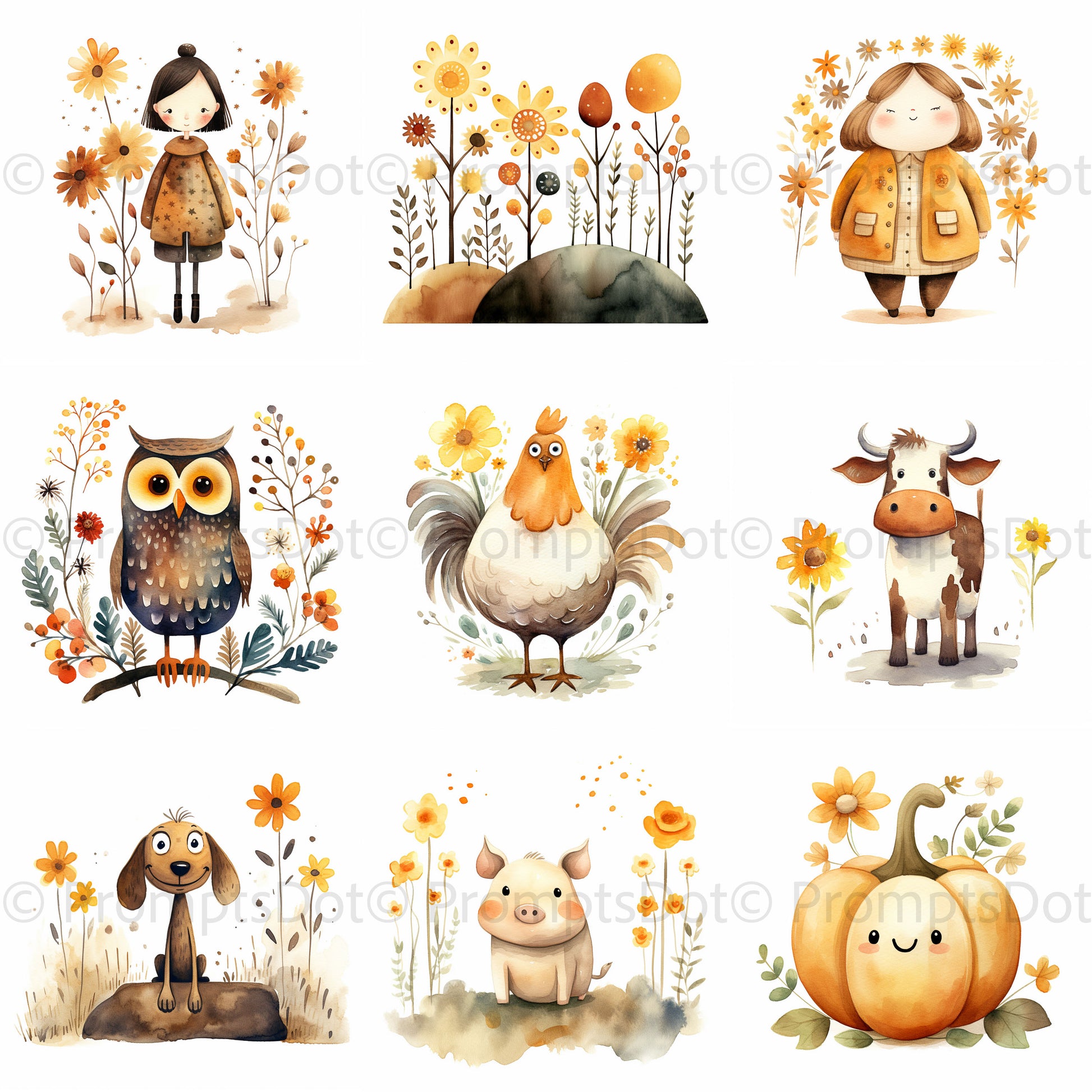 Cute Vintage Autumn Watercolor Nurseries Digital Art and Midjourney Prompt Commercial Use