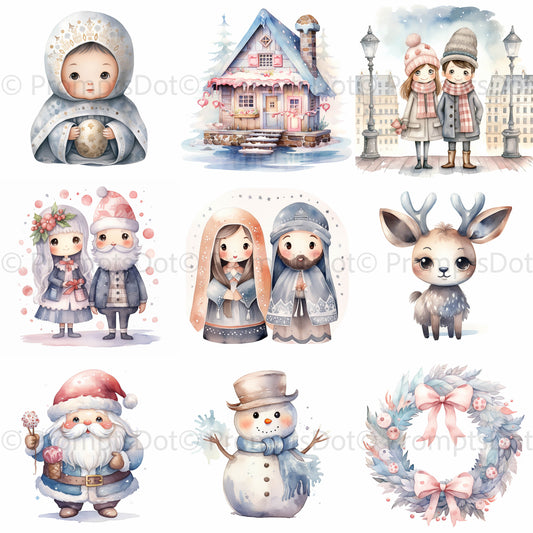 Cute Christmas Watercolor Art Collection Midjourney Prompt Commercial Use