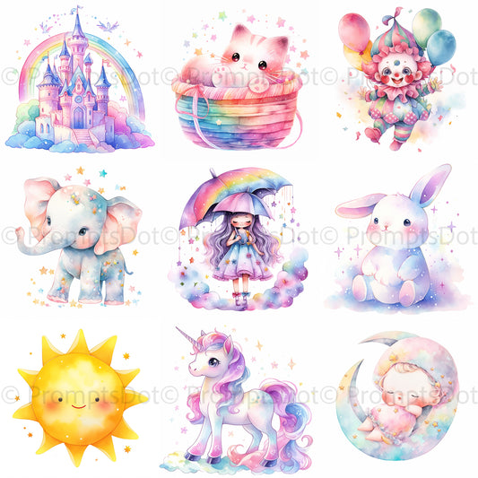 Cute Watercolor Nursery Art Wall Decals Midjourney Prompt Commercial Use