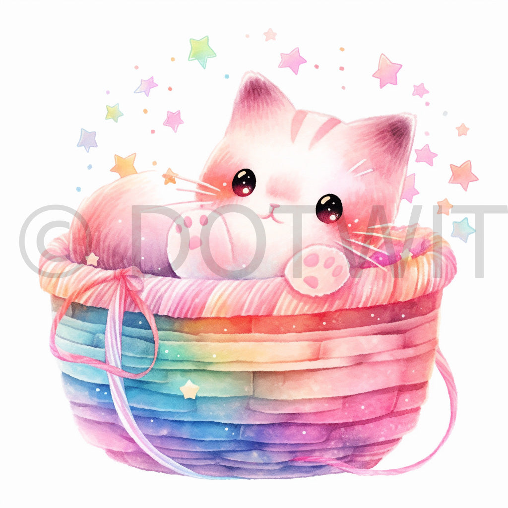 a cute cat inside a basket Cute Watercolor Nursery Digital Art Wall Decals and Midjourney Prompt Commercial Use