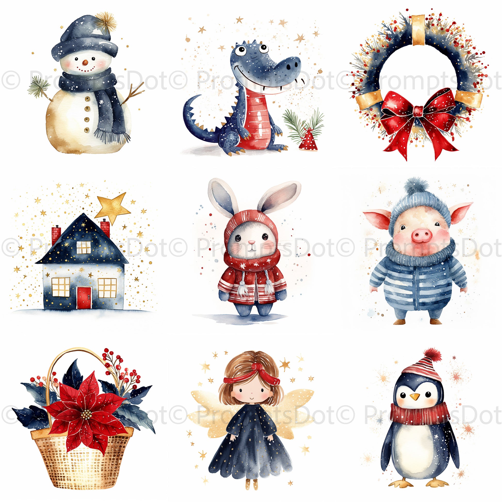 Cute Blue Winter Christmas Watercolors Digital Art and Midjourney Prompt Commercial Use