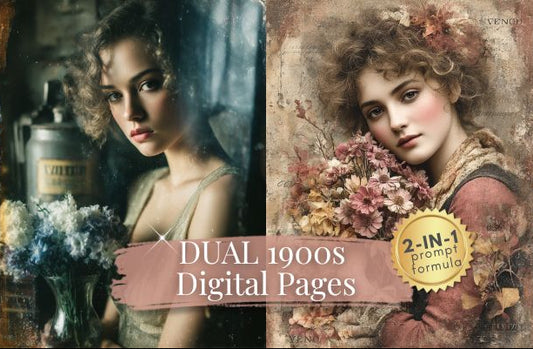 Collage of two vintage-style women with text overlay 'DUAL 1900s Digital Pages' and '2-IN-1 prompt formula'.