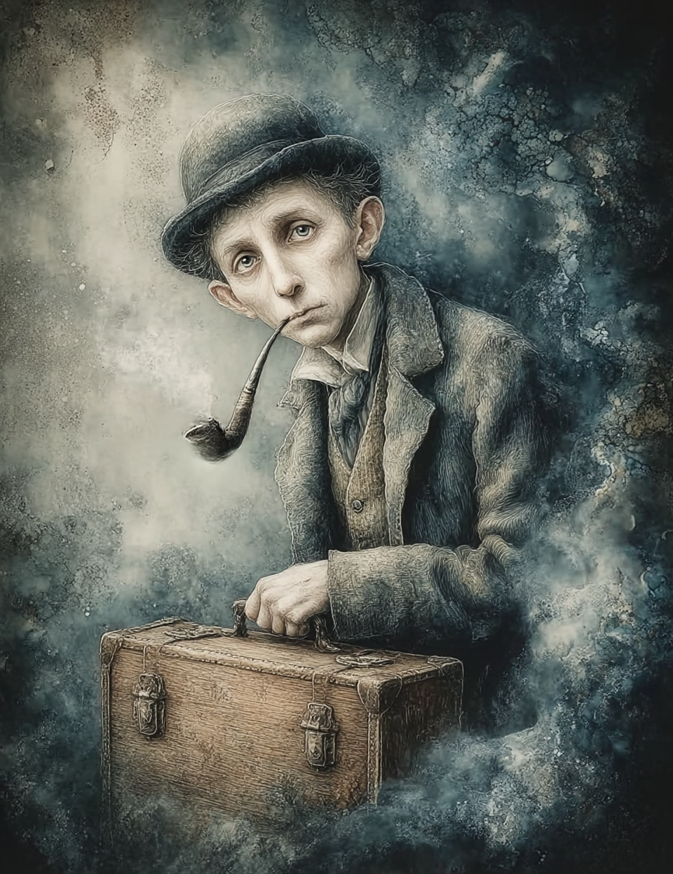 Vintage-style illustration of a boy with a pipe and suitcase against a textured background