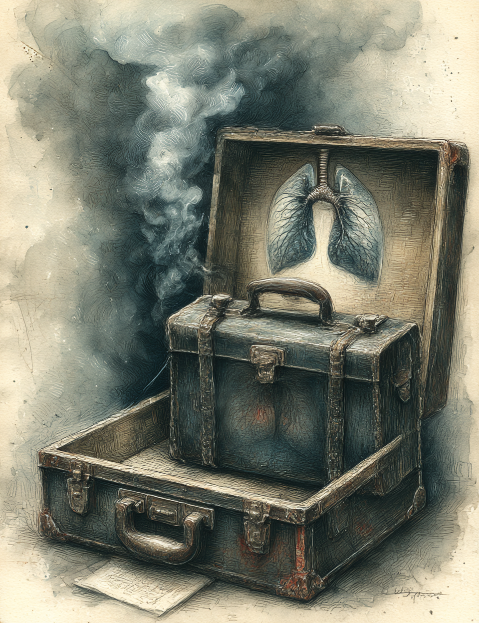 Vintage suitcase with lungs illustration and smoke effect on a textured background