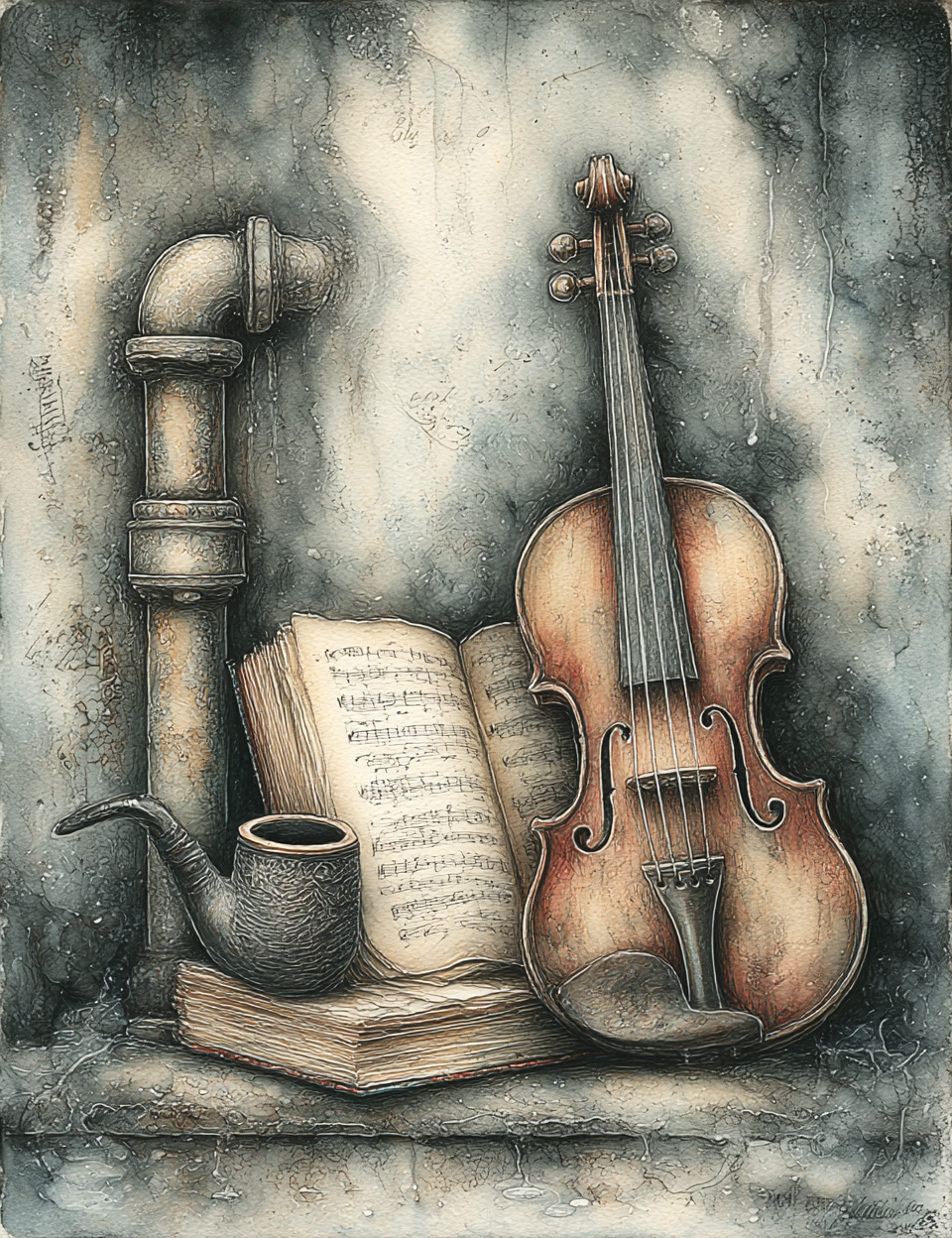 Artistic depiction of a violin, pipe, and sheet music on a textured surface