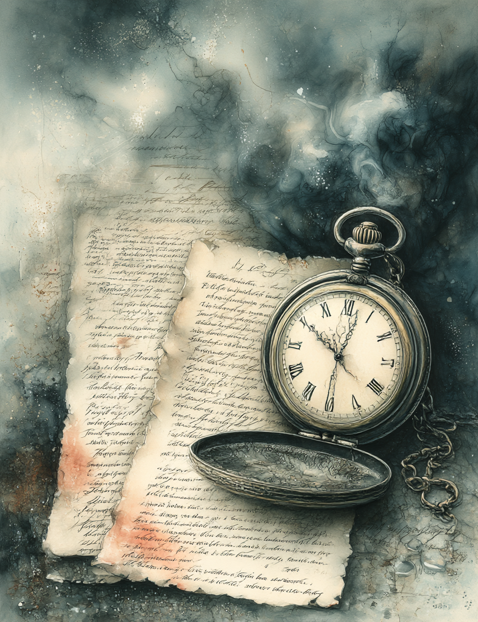 Vintage pocket watch on an old document with a smoky background