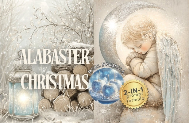 Alabaster Christmas product packaging with a baby in a manger design.