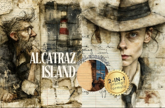 A collage-style artwork for Alcatraz Island featuring a painted portrait of a woman in a hat, a bearded man, and distressed textures, with the title 'ALCATRAZ ISLAND' and a gold '2-in-1 prompt formula' badge.