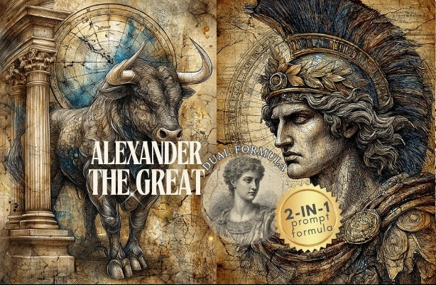 Decorative banner with classical elements and 'Alexander the Great' text, featuring a bull and warrior figure.