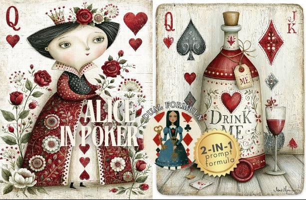 Playing card designs inspired by 'Alice in Wonderland' with characters and elements from the book.