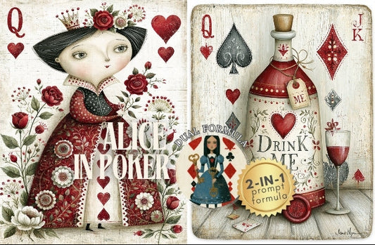 Playing card designs inspired by 'Alice in Wonderland' with characters and elements from the book.