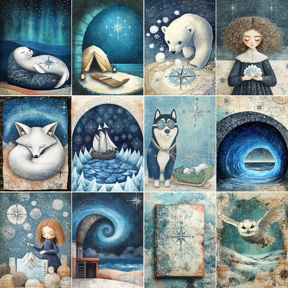 Collage of illustrations featuring animals, a girl, and a ship in a snowy landscape.