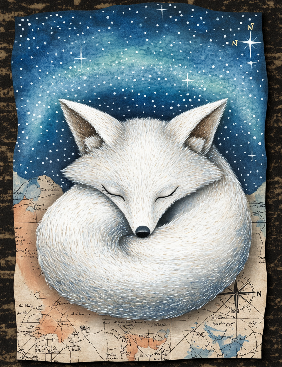 Sleeping fox illustration on a starry night sky with a map background
