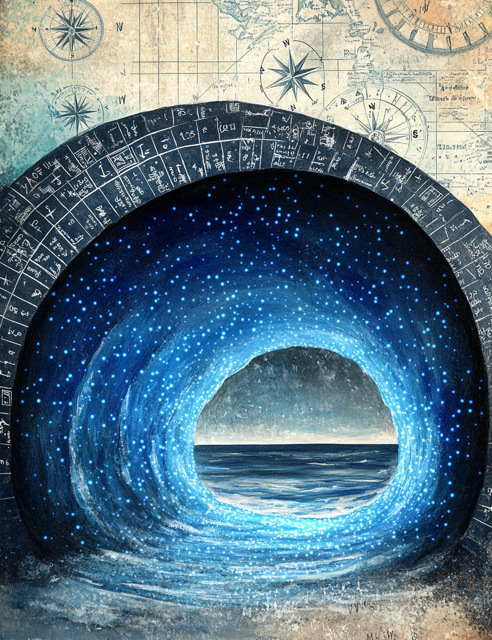 Artistic depiction of a wormhole with starry space and ocean view, framed by astrological symbols.