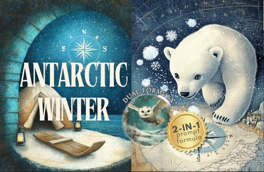 Midjourney V 6.1 Prompts for DUAL Antarctic Winter Junk Journal
