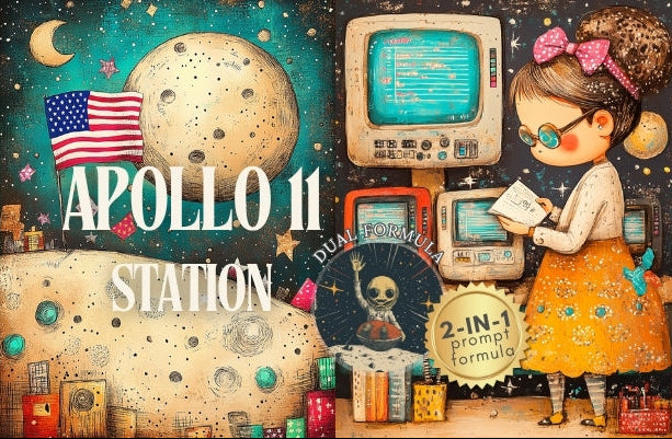 Illustrated poster for 'Apollo 11 Station' with space-themed elements and a character holding a book.