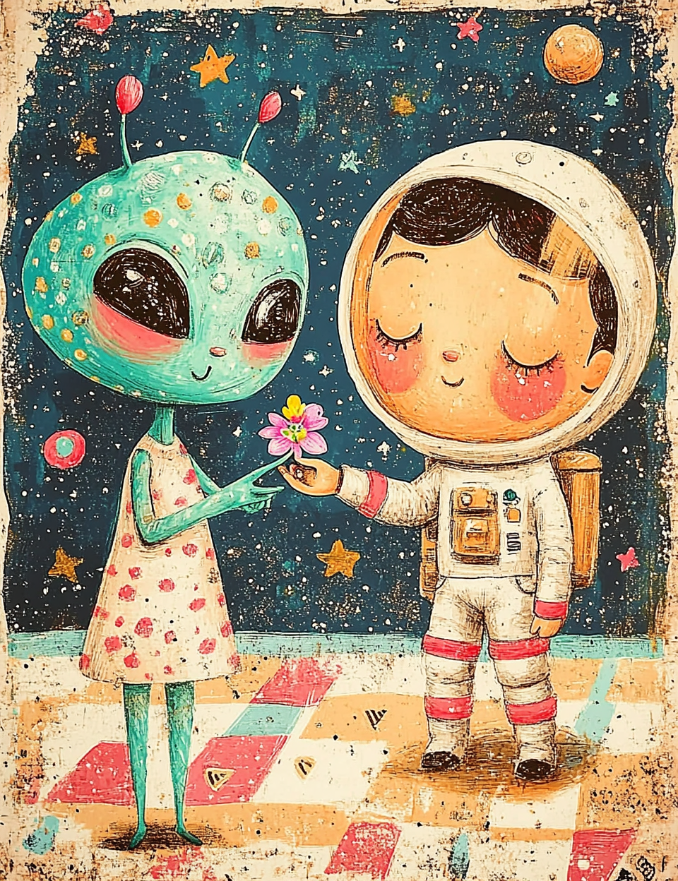Illustration of an alien and a child in an astronaut suit holding hands with a flower against a space-themed background.