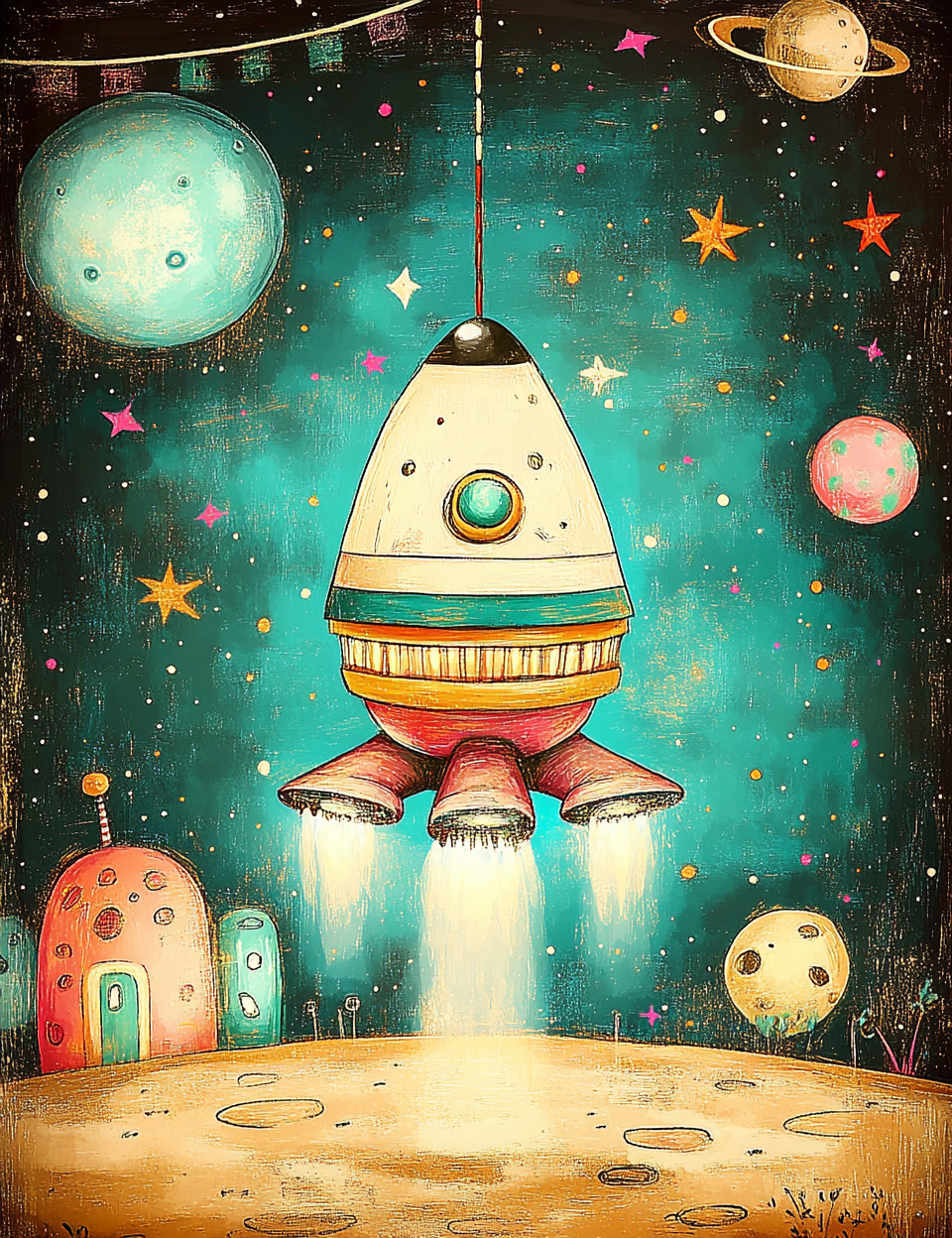 Colorful illustration of a rocket ship on a planet with space-themed background