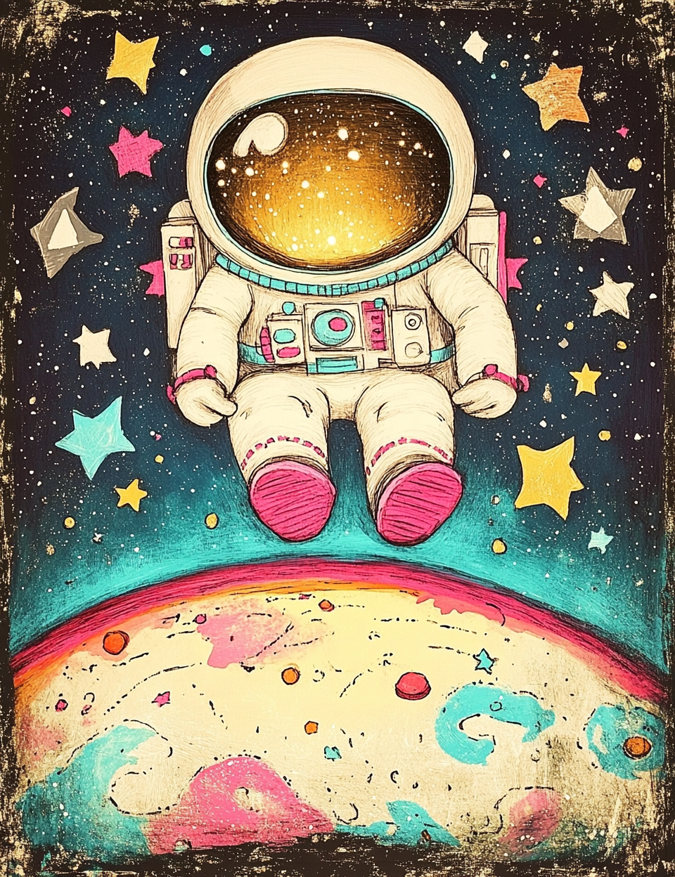 Illustration of an astronaut in space with stars and a rainbow.