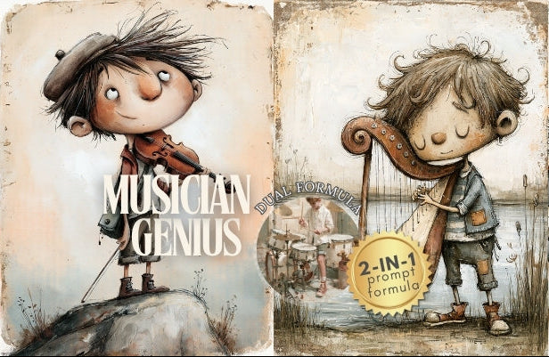 Two illustrated book covers featuring a musician and a piano, with text 'Musician Genius' and '2-IN-1 piano formula'.
