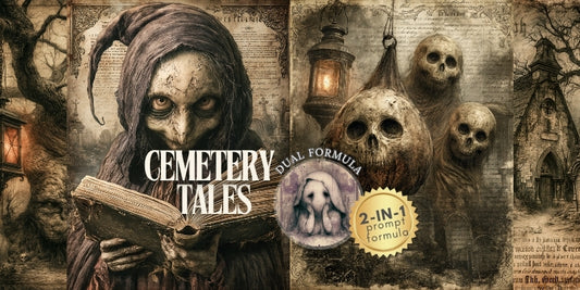 Gothic-themed product packaging with skeletons, skulls, and a lantern, featuring the text 'Cemetery Tales' and 'Dual Formula'.