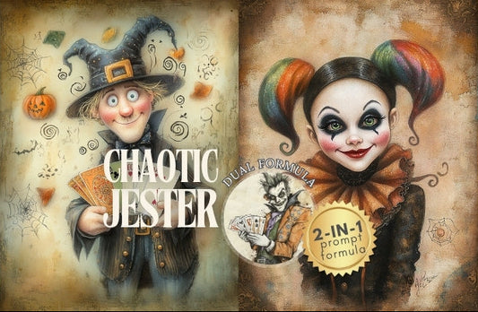Halloween-themed illustration with a jester and clown character, featuring pumpkins and a haunted house.