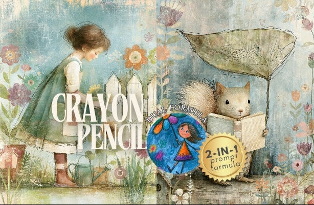 Illustrated scene with children, animals, and a windmill with 'Crayon Pencil' product packaging.