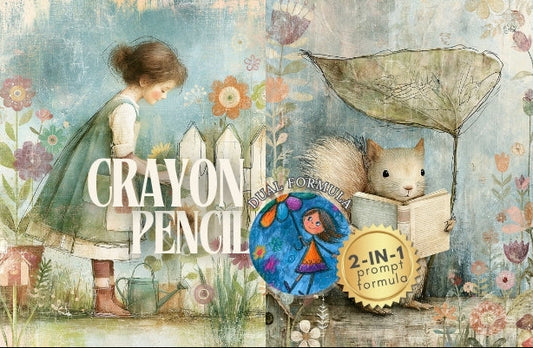 Illustrated scene with children, animals, and a windmill with 'Crayon Pencil' product packaging.