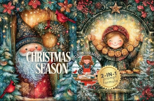 A festive Christmas-themed collage with three vertical panels showing illustrated holiday scenes: a Santa figure in a snowy setting, a child surrounded by ornaments and lights, and a child in a red dress near a tree. The center panel includes the large text 'CHRISTMAS SEASON' and a badge reading '2-IN-1 prompt formula.