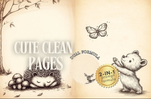 Illustrated pages with a hedgehog, bear, and butterfly on a beige background.