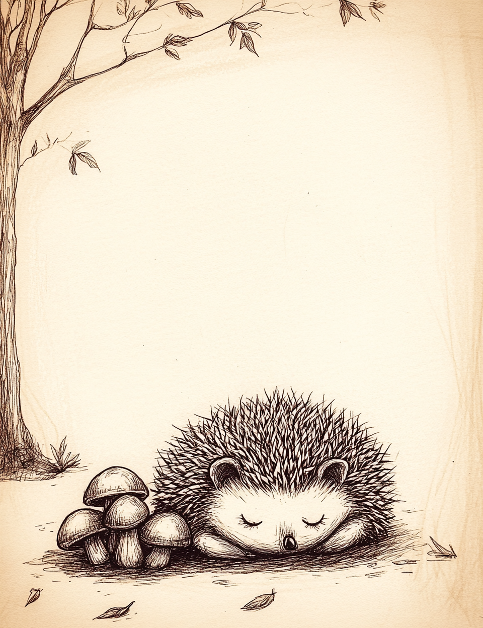 Illustration of a hedgehog sleeping next to mushrooms under a tree