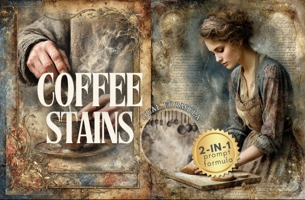 Vintage-style advertisement for coffee stains with a woman at a table and text overlay.
