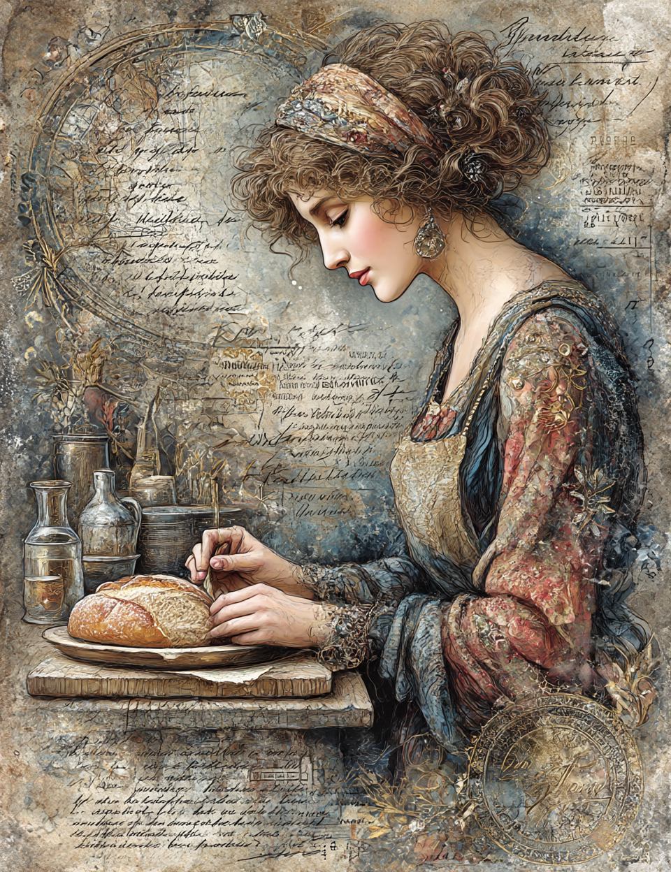 Artistic depiction of a woman in historical attire sitting at a table with bread, surrounded by vintage elements.